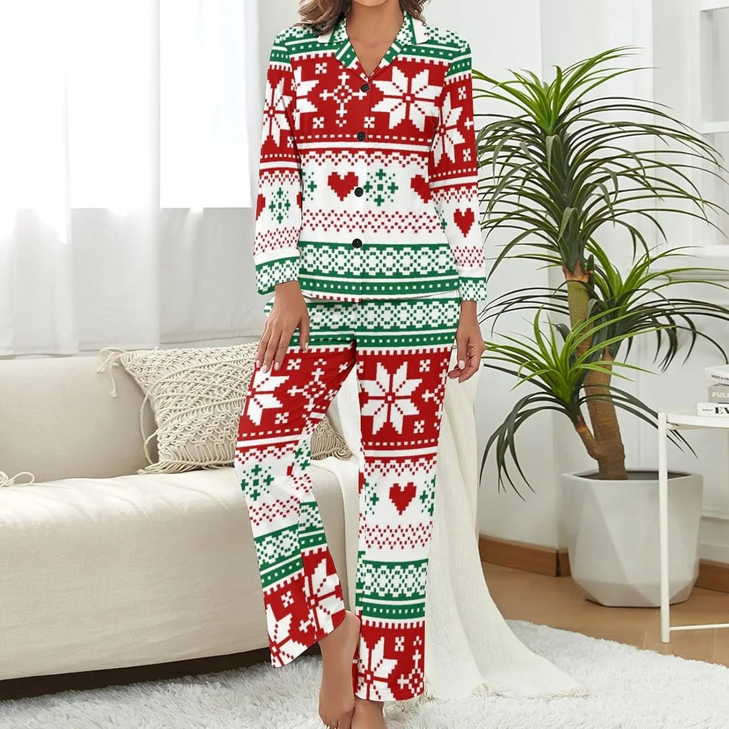 Womens Pajamas Set Hohoho Pattern Christmas Soft Long Sleeve Sleepwear Button Down Nightwear Pj Lounge Sets