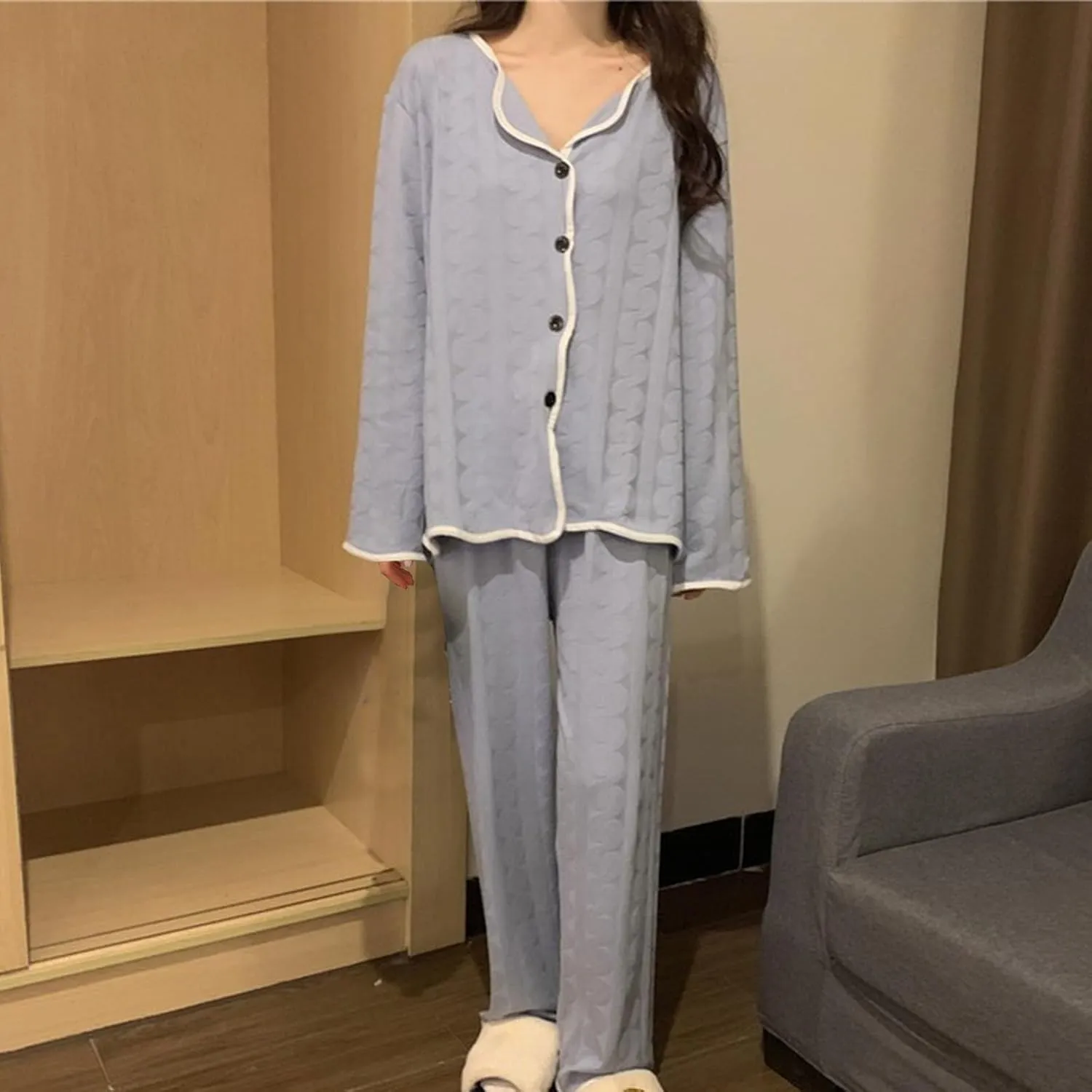 Women's Pajamas Set Long Sleeve Sleepwear Button Down Nightwear and Long Pants Casual Soft Comfy Loose Lounge Sets