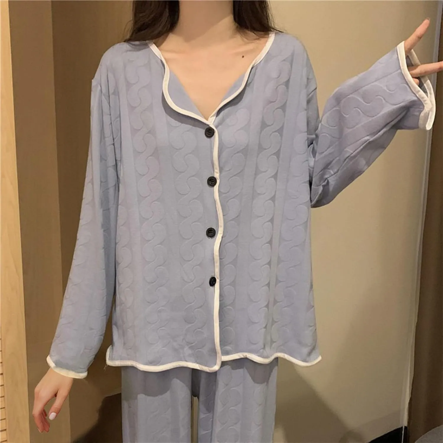 Women's Pajamas Set Long Sleeve Sleepwear Button Down Nightwear and Long Pants Casual Soft Comfy Loose Lounge Sets