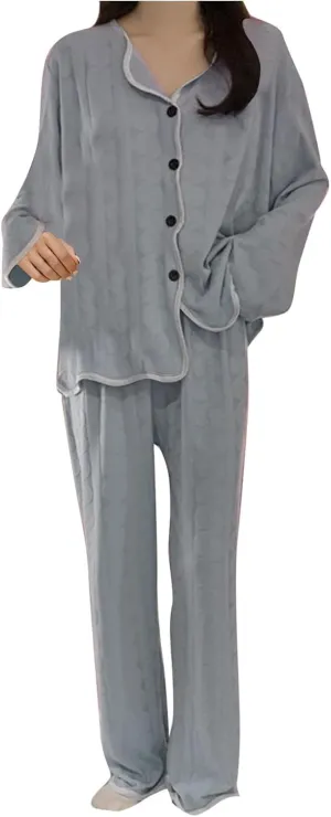 Women's Pajamas Set Long Sleeve Sleepwear Button Down Nightwear and Long Pants Casual Soft Comfy Loose Lounge Sets