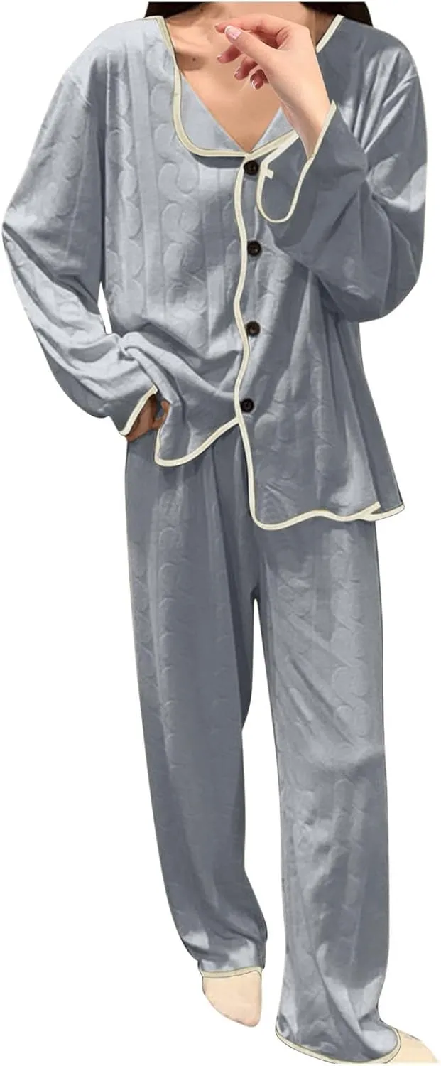 Women's Pajamas Set Long Sleeve Sleepwear Button Down Nightwear and Long Pants Casual Soft Comfy Loose Lounge Sets