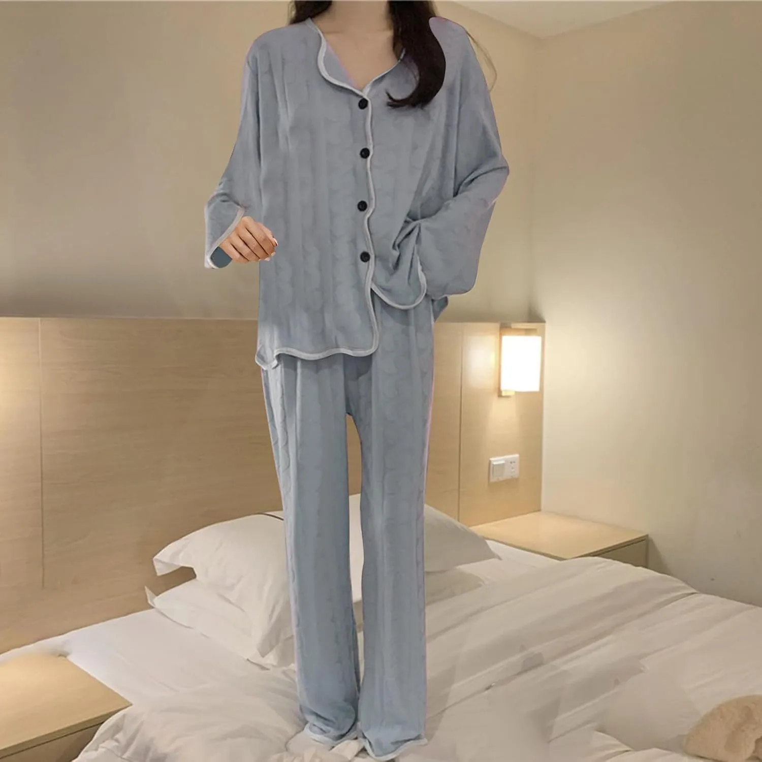 Women's Pajamas Set Long Sleeve Sleepwear Button Down Nightwear and Long Pants Casual Soft Comfy Loose Lounge Sets