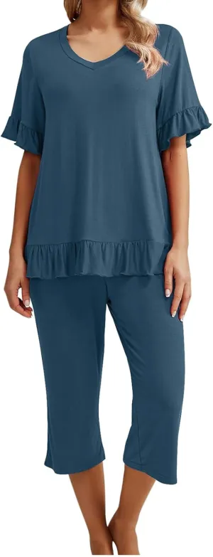 Women's Pajamas Set Ruffle Short Sleeve Tshirts Two Piece Matching Outfits Capri Pants Sleepwear Loungewear