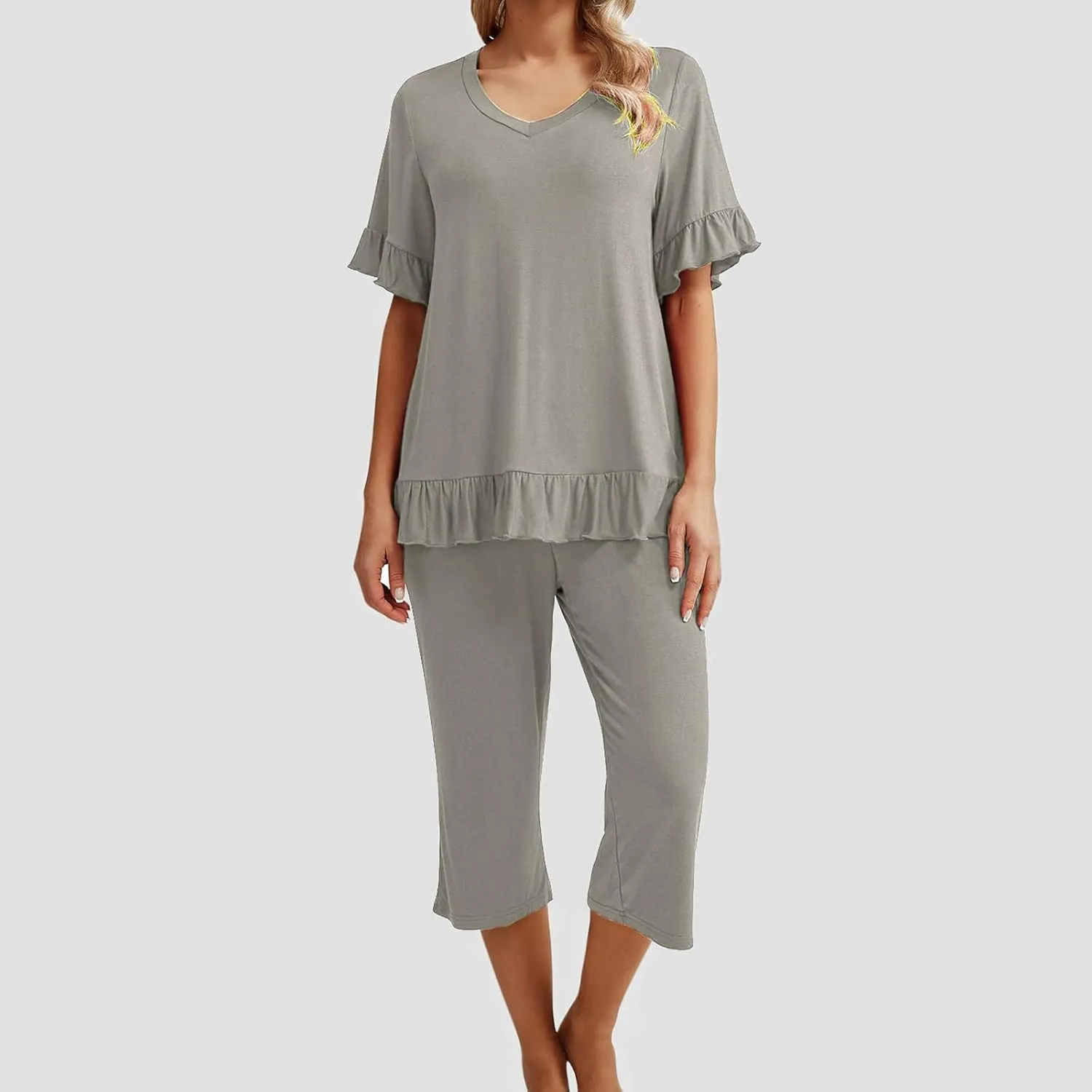 Women's Pajamas Set Ruffle Short Sleeve Tshirts Two Piece Matching Outfits Capri Pants Sleepwear Loungewear