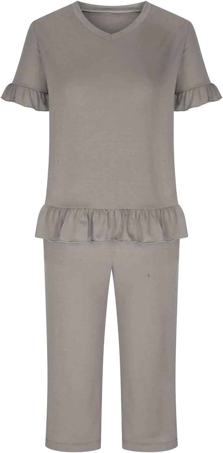 Women's Pajamas Set Ruffle Short Sleeve Tshirts Two Piece Matching Outfits Capri Pants Sleepwear Loungewear