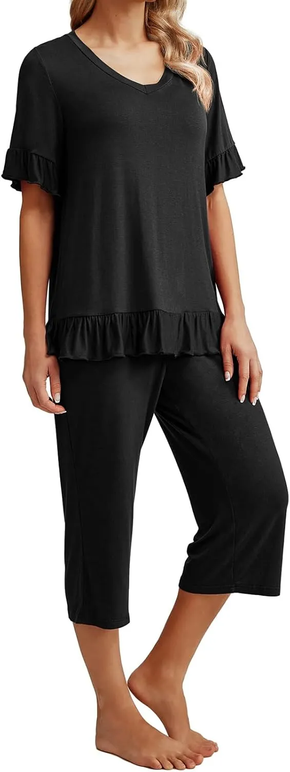 Women's Pajamas Set Ruffle Short Sleeve Tshirts Two Piece Matching Outfits Capri Pants Sleepwear Loungewear