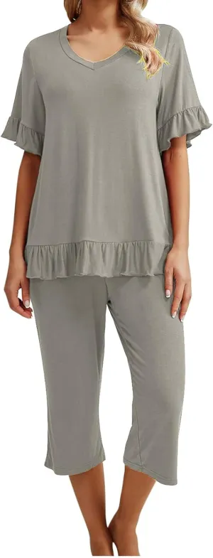Women's Pajamas Set Ruffle Short Sleeve Tshirts Two Piece Matching Outfits Capri Pants Sleepwear Loungewear