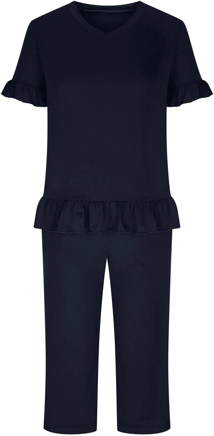 Women's Pajamas Set Ruffle Short Sleeve Tshirts Two Piece Matching Outfits Capri Pants Sleepwear Loungewear