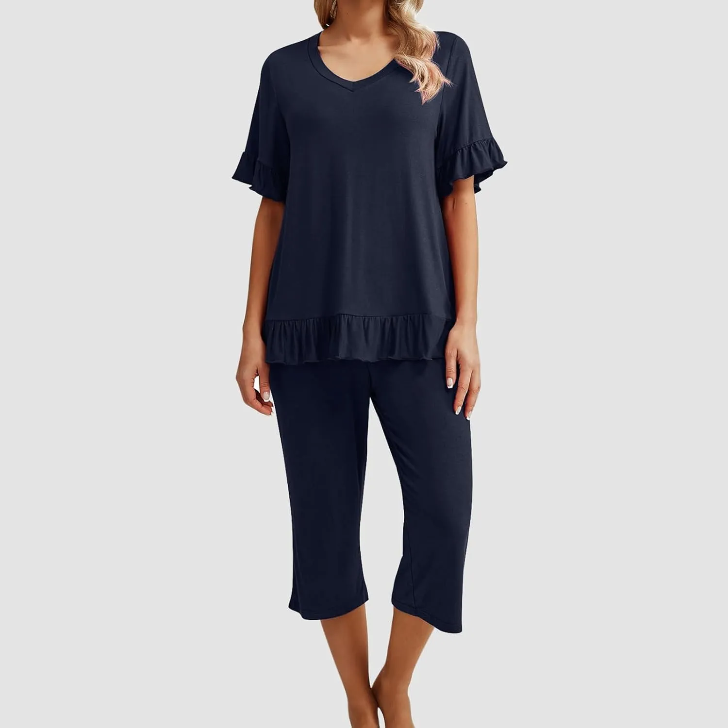 Women's Pajamas Set Ruffle Short Sleeve Tshirts Two Piece Matching Outfits Capri Pants Sleepwear Loungewear