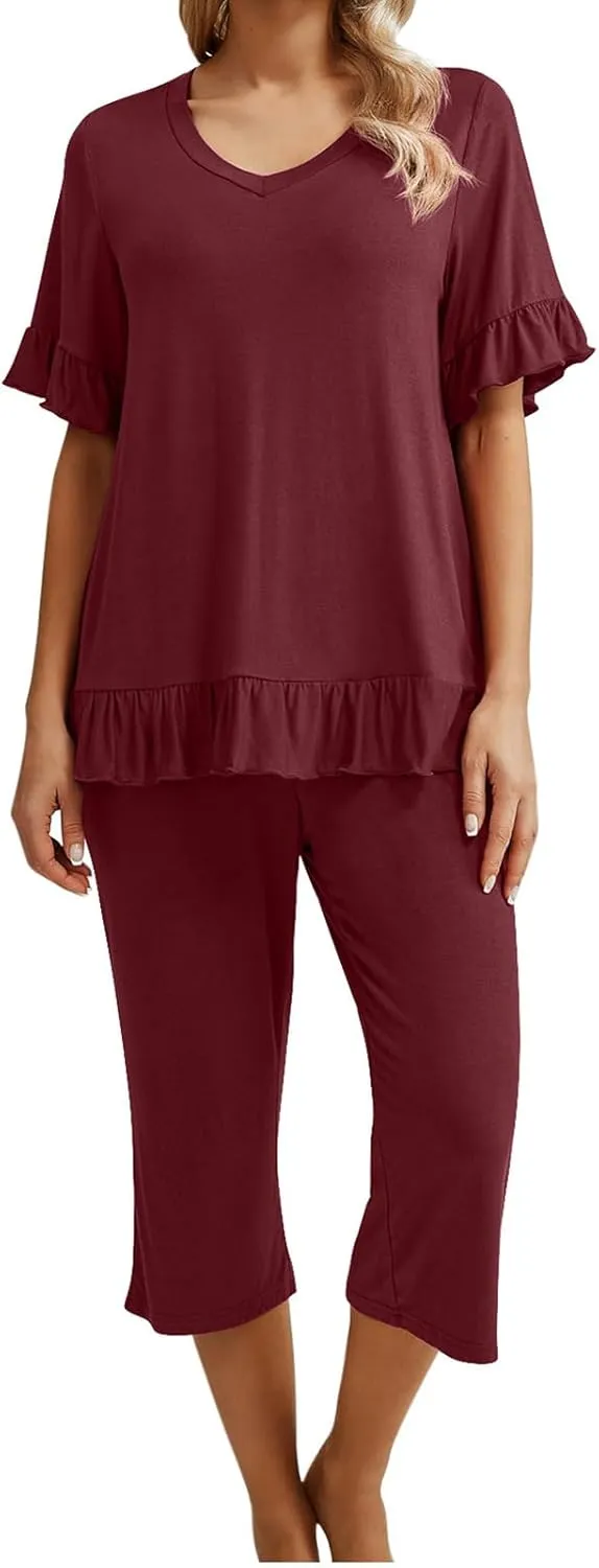 Women's Pajamas Set Ruffle Short Sleeve Tshirts Two Piece Matching Outfits Capri Pants Sleepwear Loungewear