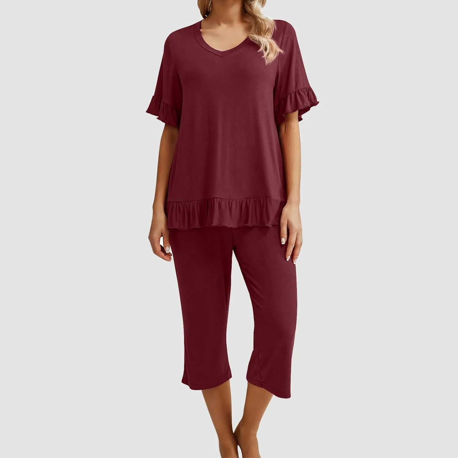 Women's Pajamas Set Ruffle Short Sleeve Tshirts Two Piece Matching Outfits Capri Pants Sleepwear Loungewear