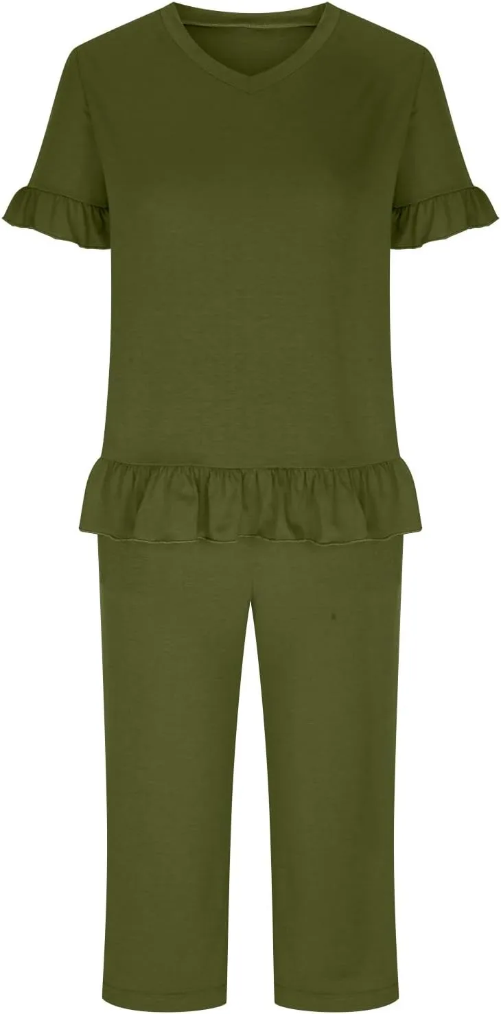 Women's Pajamas Set Ruffle Short Sleeve Tshirts Two Piece Matching Outfits Capri Pants Sleepwear Loungewear