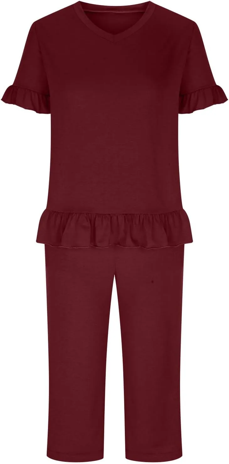 Women's Pajamas Set Ruffle Short Sleeve Tshirts Two Piece Matching Outfits Capri Pants Sleepwear Loungewear
