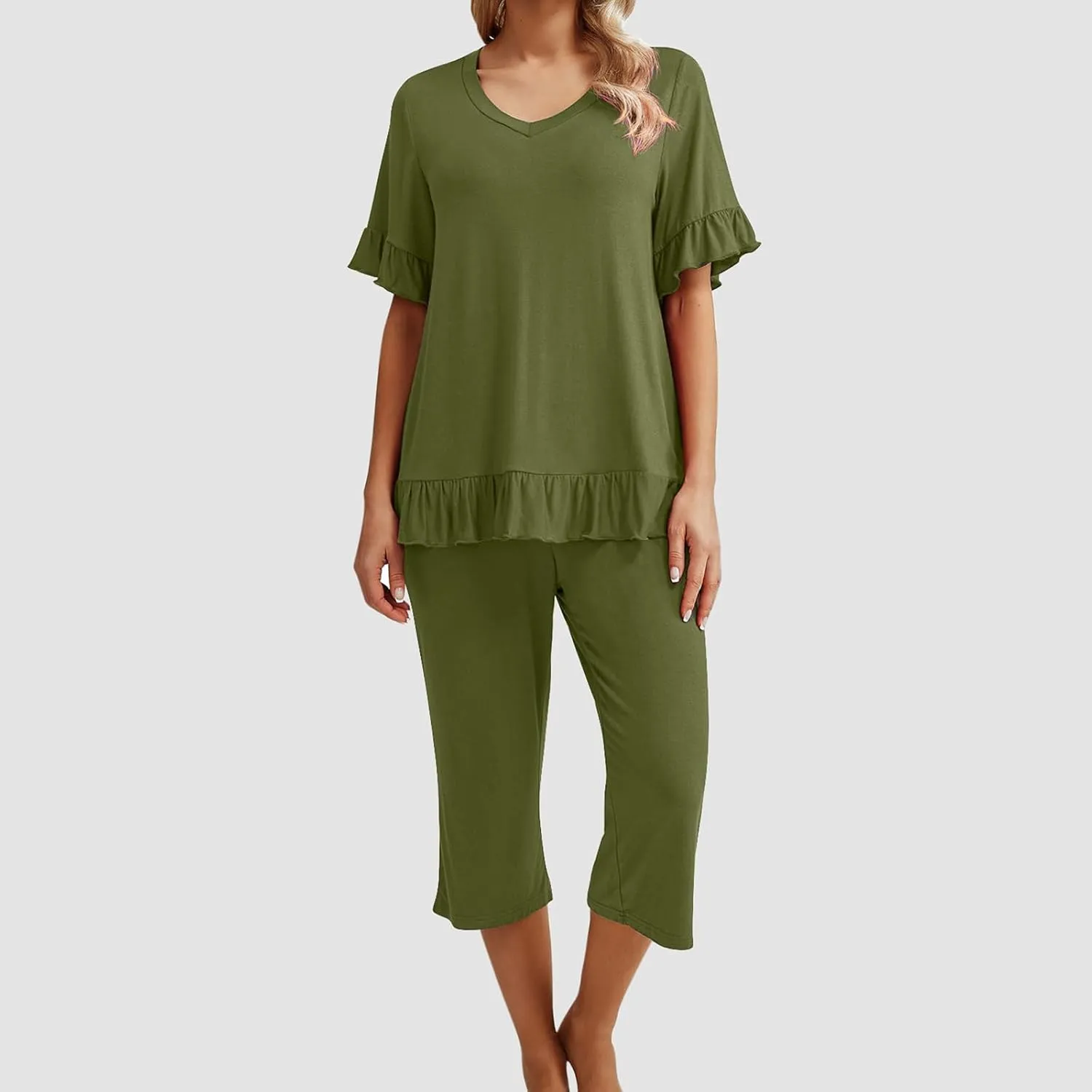 Women's Pajamas Set Ruffle Short Sleeve Tshirts Two Piece Matching Outfits Capri Pants Sleepwear Loungewear