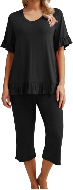 Women's Pajamas Set Ruffle Short Sleeve Tshirts Two Piece Matching Outfits Capri Pants Sleepwear Loungewear