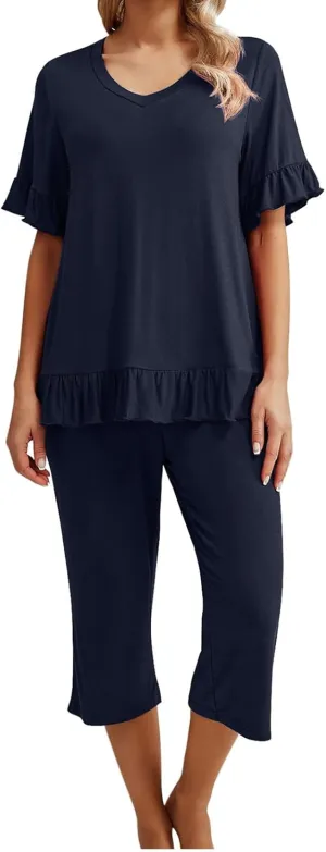 Women's Pajamas Set Ruffle Short Sleeve Tshirts Two Piece Matching Outfits Capri Pants Sleepwear Loungewear