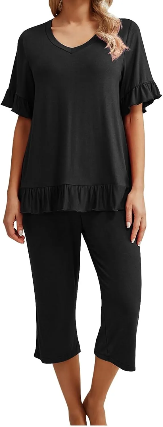 Women's Pajamas Set Ruffle Short Sleeve Tshirts Two Piece Matching Outfits Capri Pants Sleepwear Loungewear
