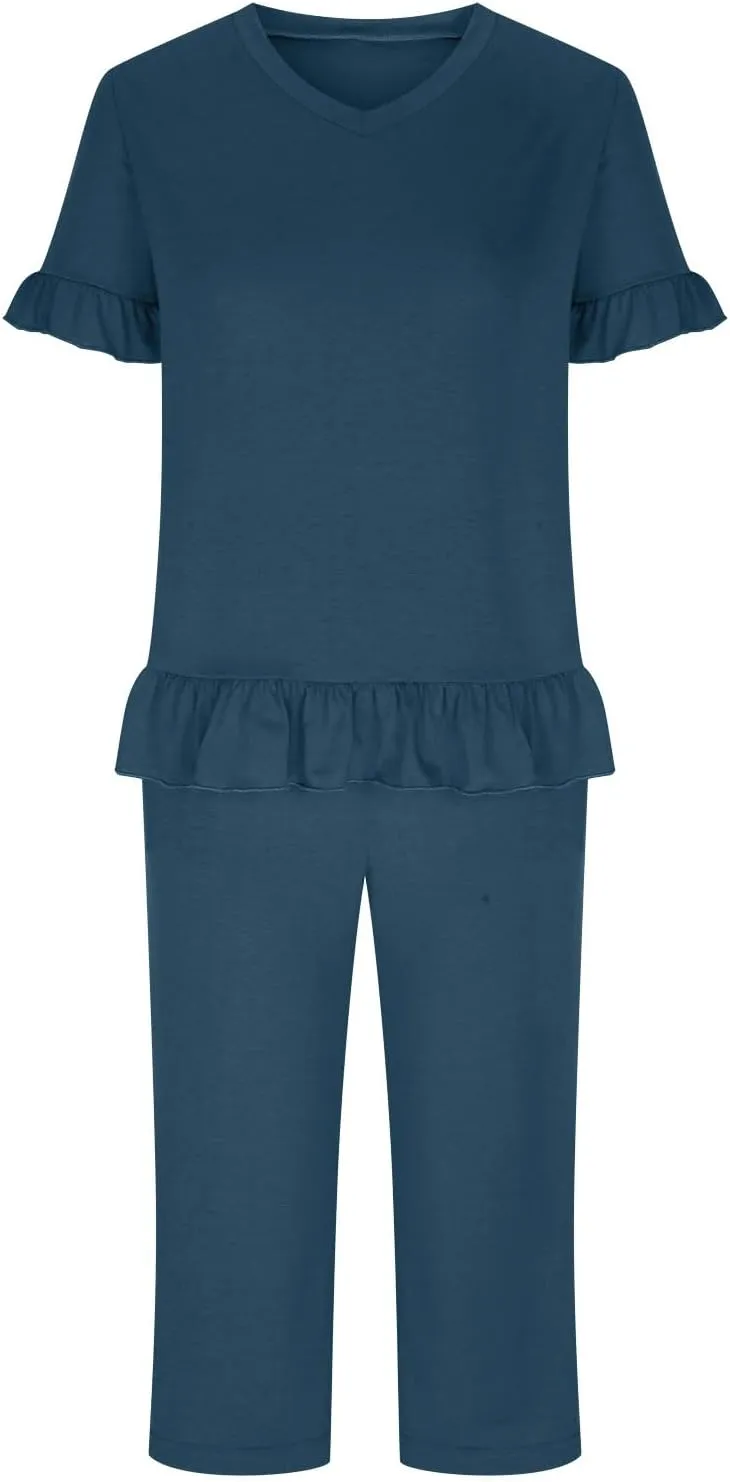 Women's Pajamas Set Ruffle Short Sleeve Tshirts Two Piece Matching Outfits Capri Pants Sleepwear Loungewear