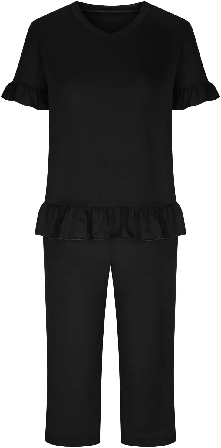 Women's Pajamas Set Ruffle Short Sleeve Tshirts Two Piece Matching Outfits Capri Pants Sleepwear Loungewear