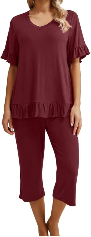 Women's Pajamas Set Ruffle Short Sleeve Tshirts Two Piece Matching Outfits Capri Pants Sleepwear Loungewear