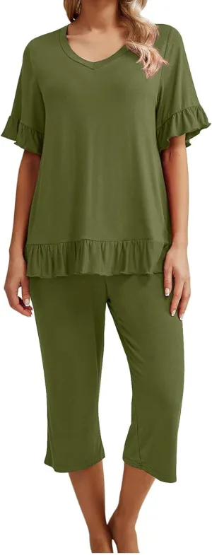 Women's Pajamas Set Ruffle Short Sleeve Tshirts Two Piece Matching Outfits Capri Pants Sleepwear Loungewear