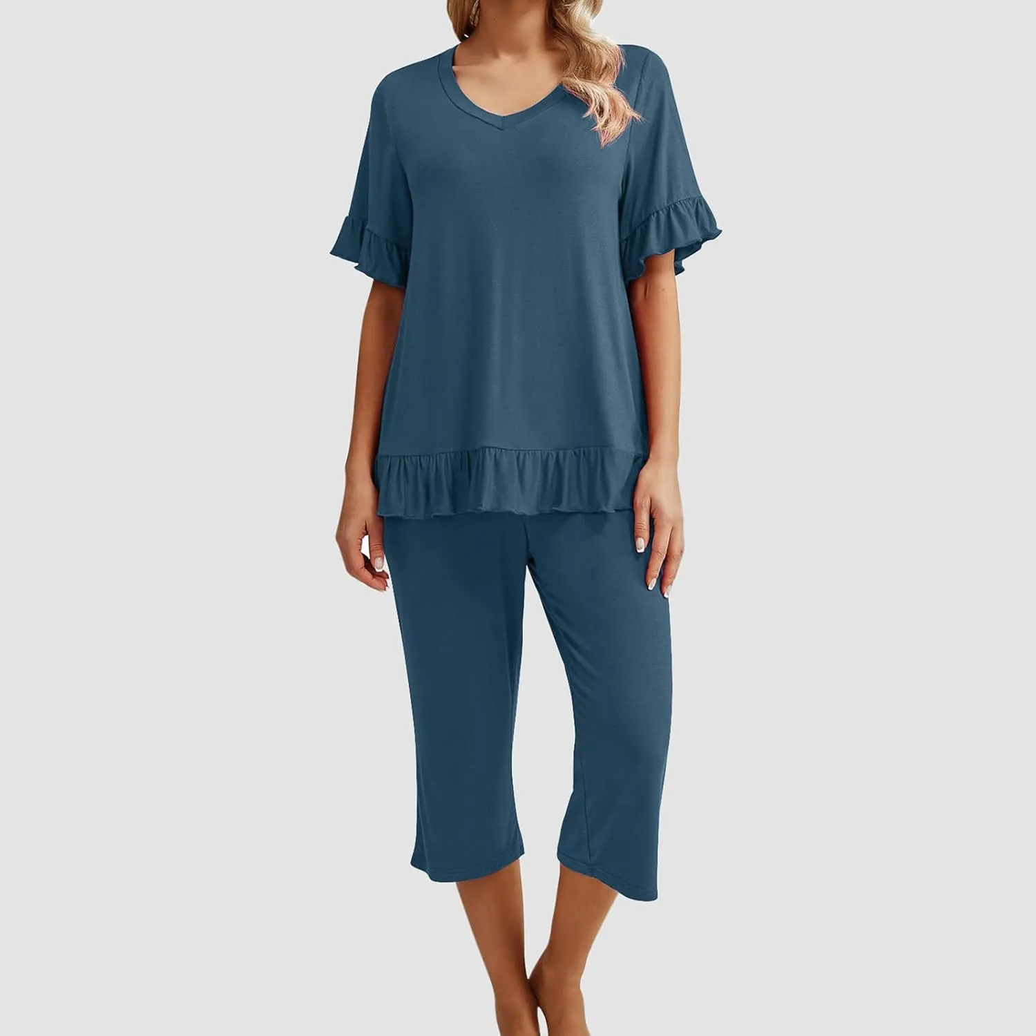 Women's Pajamas Set Ruffle Short Sleeve Tshirts Two Piece Matching Outfits Capri Pants Sleepwear Loungewear