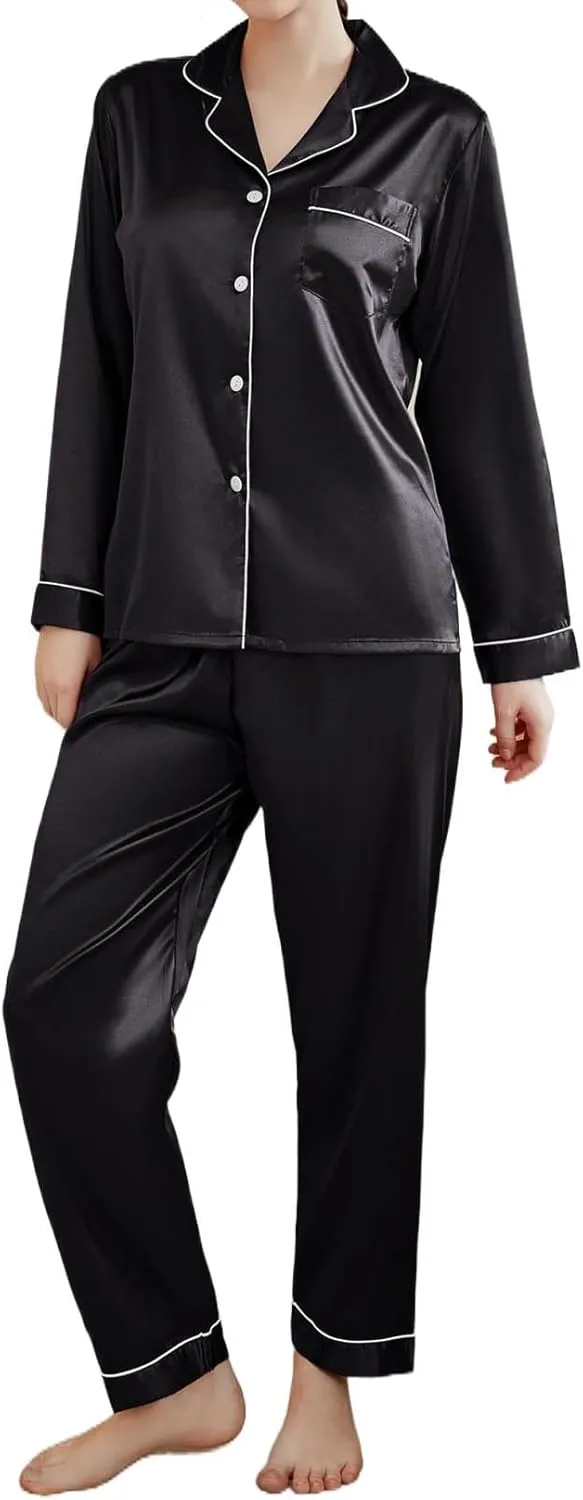 Women's Pajamas Set Satin Long Sleeve Button Down 2 Piece Silk Loungewear Sleepwear Pjs Set