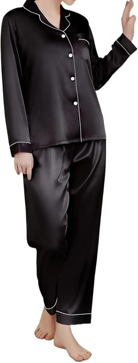 Women's Pajamas Set Satin Long Sleeve Button Down 2 Piece Silk Loungewear Sleepwear Pjs Set