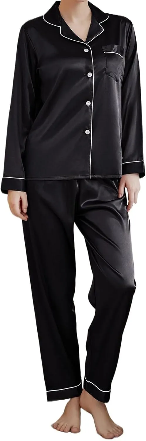 Women's Pajamas Set Satin Long Sleeve Button Down 2 Piece Silk Loungewear Sleepwear Pjs Set