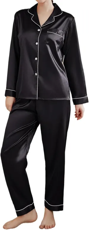 Women's Pajamas Set Satin Long Sleeve Button Down 2 Piece Silk Loungewear Sleepwear Pjs Set