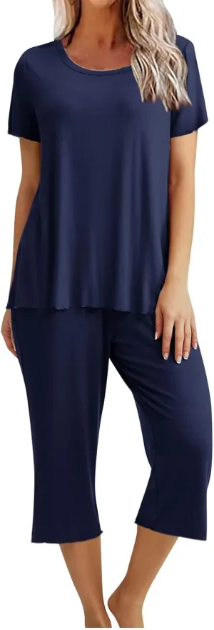 Women's Pajamas Set Short Sleeve Loungewear Loose Pajama Shirt Soft Capri Pants Lounge Set with Pocket