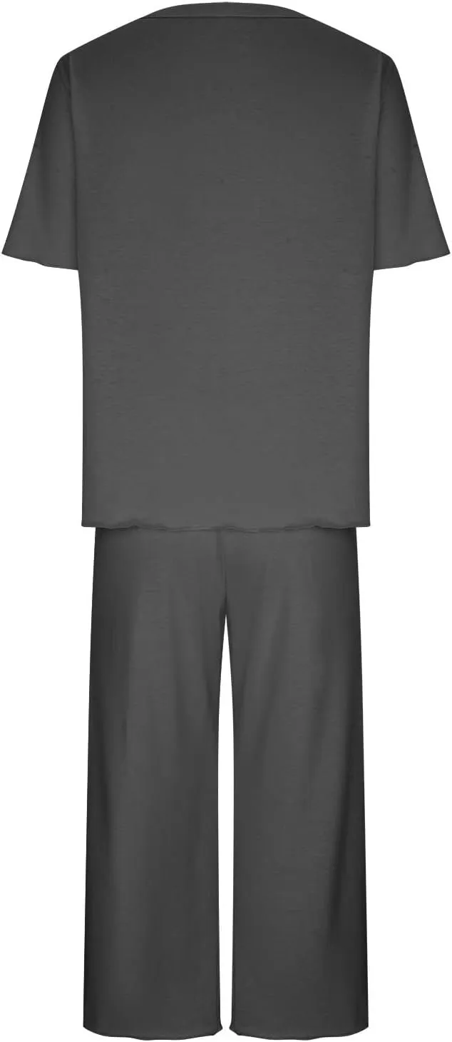 Women's Pajamas Set Short Sleeve Loungewear Loose Pajama Shirt Soft Capri Pants Lounge Set with Pocket