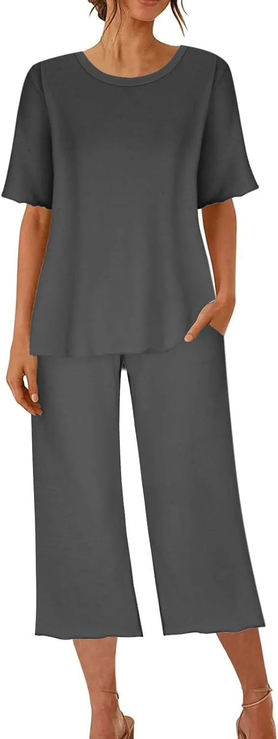 Women's Pajamas Set Short Sleeve Loungewear Loose Pajama Shirt Soft Capri Pants Lounge Set with Pocket