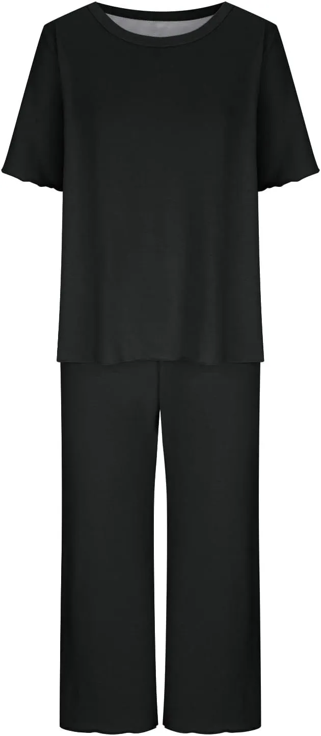 Women's Pajamas Set Short Sleeve Loungewear Loose Pajama Shirt Soft Capri Pants Lounge Set with Pocket