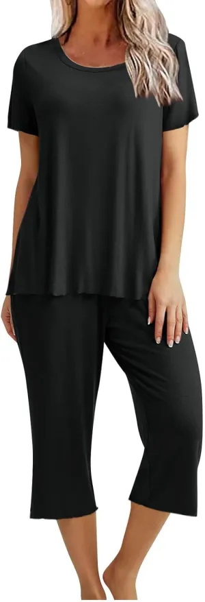 Women's Pajamas Set Short Sleeve Loungewear Loose Pajama Shirt Soft Capri Pants Lounge Set with Pocket