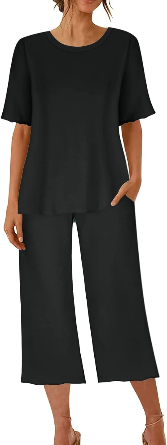 Women's Pajamas Set Short Sleeve Loungewear Loose Pajama Shirt Soft Capri Pants Lounge Set with Pocket