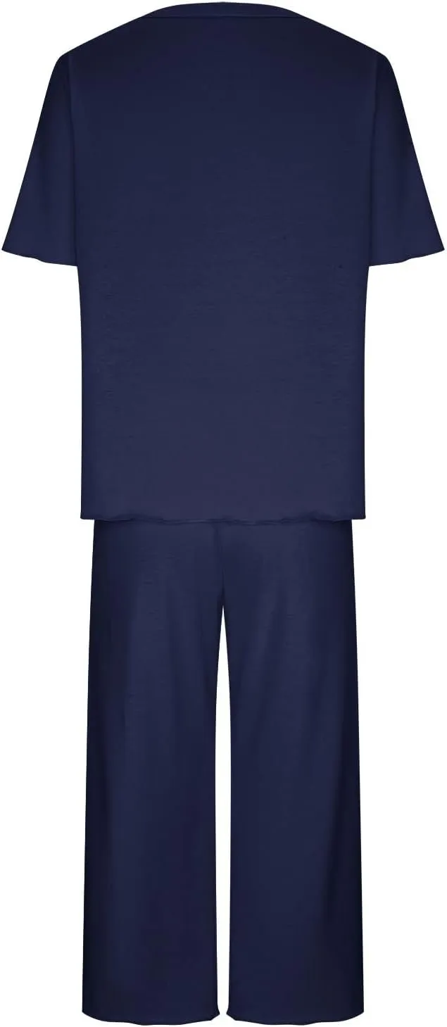 Women's Pajamas Set Short Sleeve Loungewear Loose Pajama Shirt Soft Capri Pants Lounge Set with Pocket