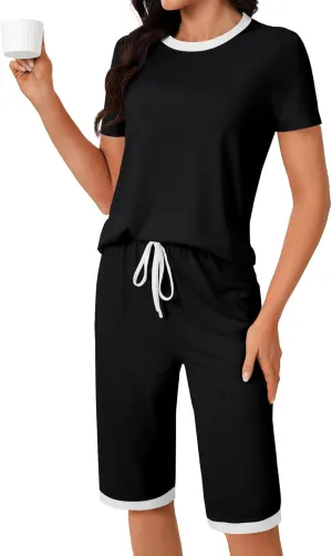 Women's Pajamas Set Short Sleeve Top and Capri Pants Lightweight Sleepwear Comfy Pjs 2 Piece Lounge Set