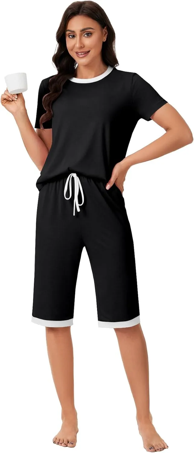Women's Pajamas Set Short Sleeve Top and Capri Pants Lightweight Sleepwear Comfy Pjs 2 Piece Lounge Set