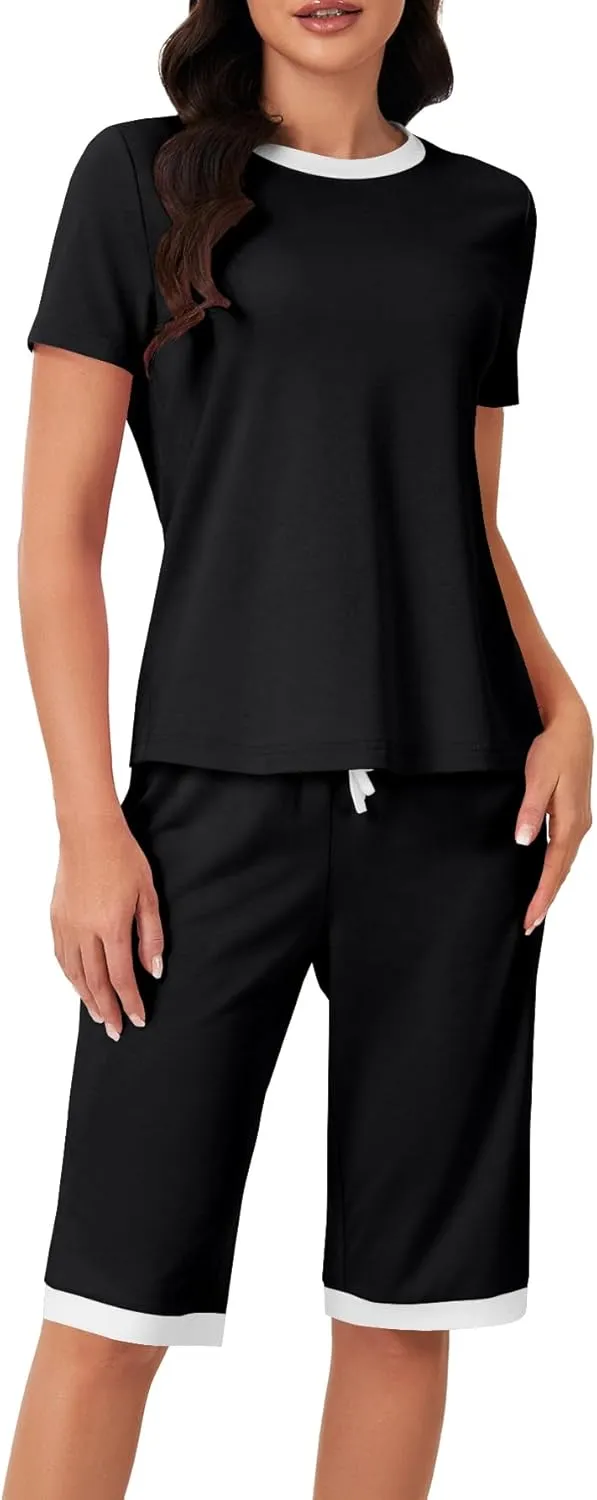 Women's Pajamas Set Short Sleeve Top and Capri Pants Lightweight Sleepwear Comfy Pjs 2 Piece Lounge Set