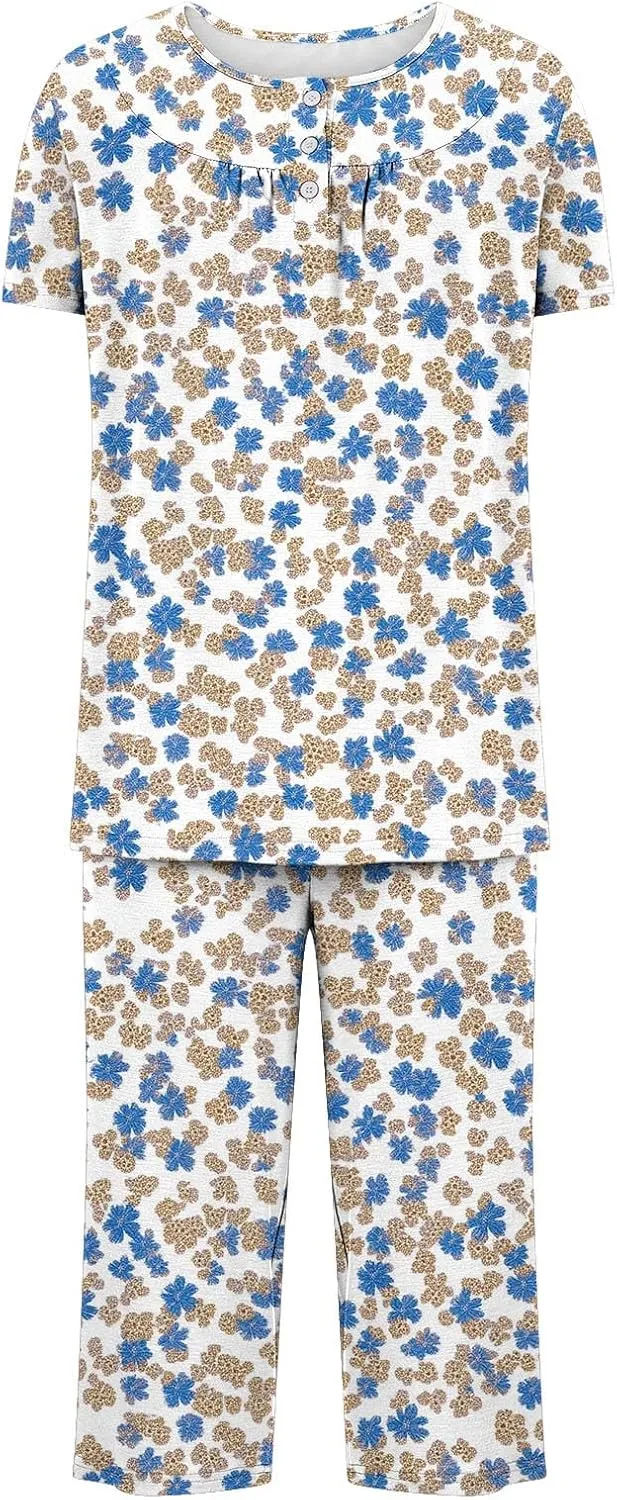 Women's Pajamas Set Short Sleeve Tops With Capri Pants Floral Print Pjs Lounge & Sleepwear Summer 2 Piece Lounge Set