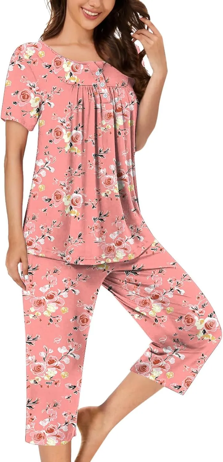 Women's Pajamas Set Short Sleeve Tops With Capri Pants Floral Print Pjs Lounge & Sleepwear Summer 2 Piece Lounge Set