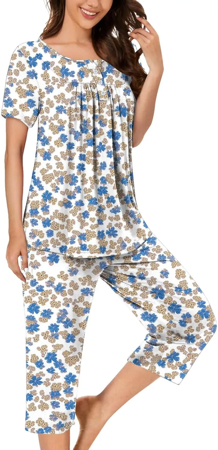 Women's Pajamas Set Short Sleeve Tops With Capri Pants Floral Print Pjs Lounge & Sleepwear Summer 2 Piece Lounge Set