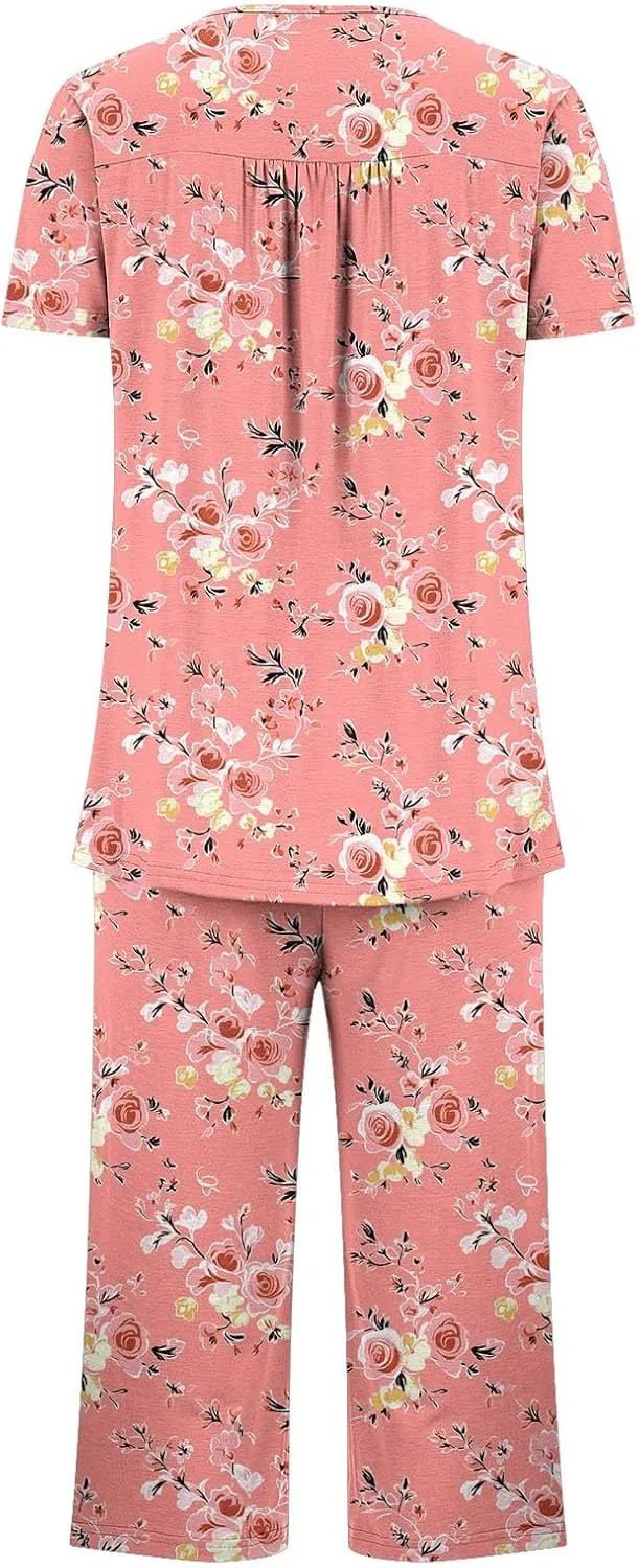Women's Pajamas Set Short Sleeve Tops With Capri Pants Floral Print Pjs Lounge & Sleepwear Summer 2 Piece Lounge Set