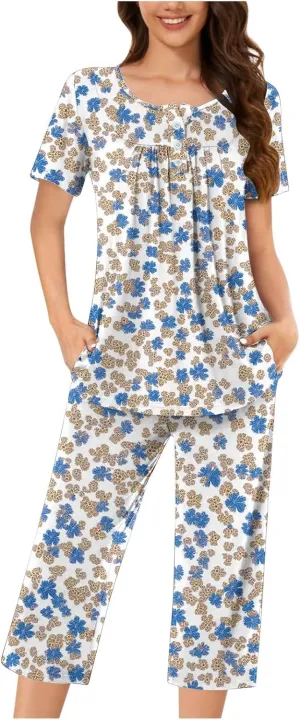 Women's Pajamas Set Short Sleeve Tops With Capri Pants Floral Print Pjs Lounge & Sleepwear Summer 2 Piece Lounge Set