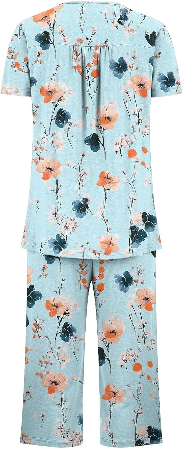 Women's Pajamas Set Short Sleeve Tops With Capri Pants Floral Print Pjs Lounge & Sleepwear Summer 2 Piece Lounge Set
