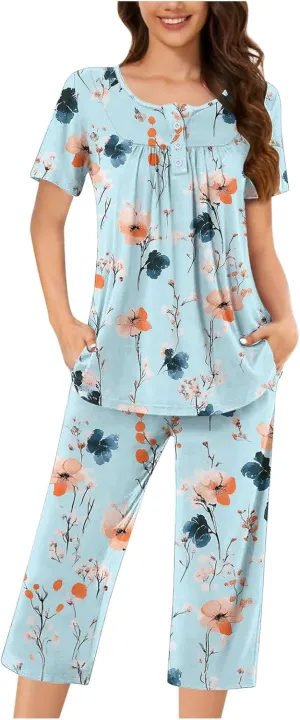 Women's Pajamas Set Short Sleeve Tops With Capri Pants Floral Print Pjs Lounge & Sleepwear Summer 2 Piece Lounge Set