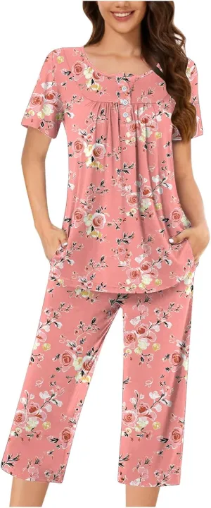Women's Pajamas Set Short Sleeve Tops With Capri Pants Floral Print Pjs Lounge & Sleepwear Summer 2 Piece Lounge Set