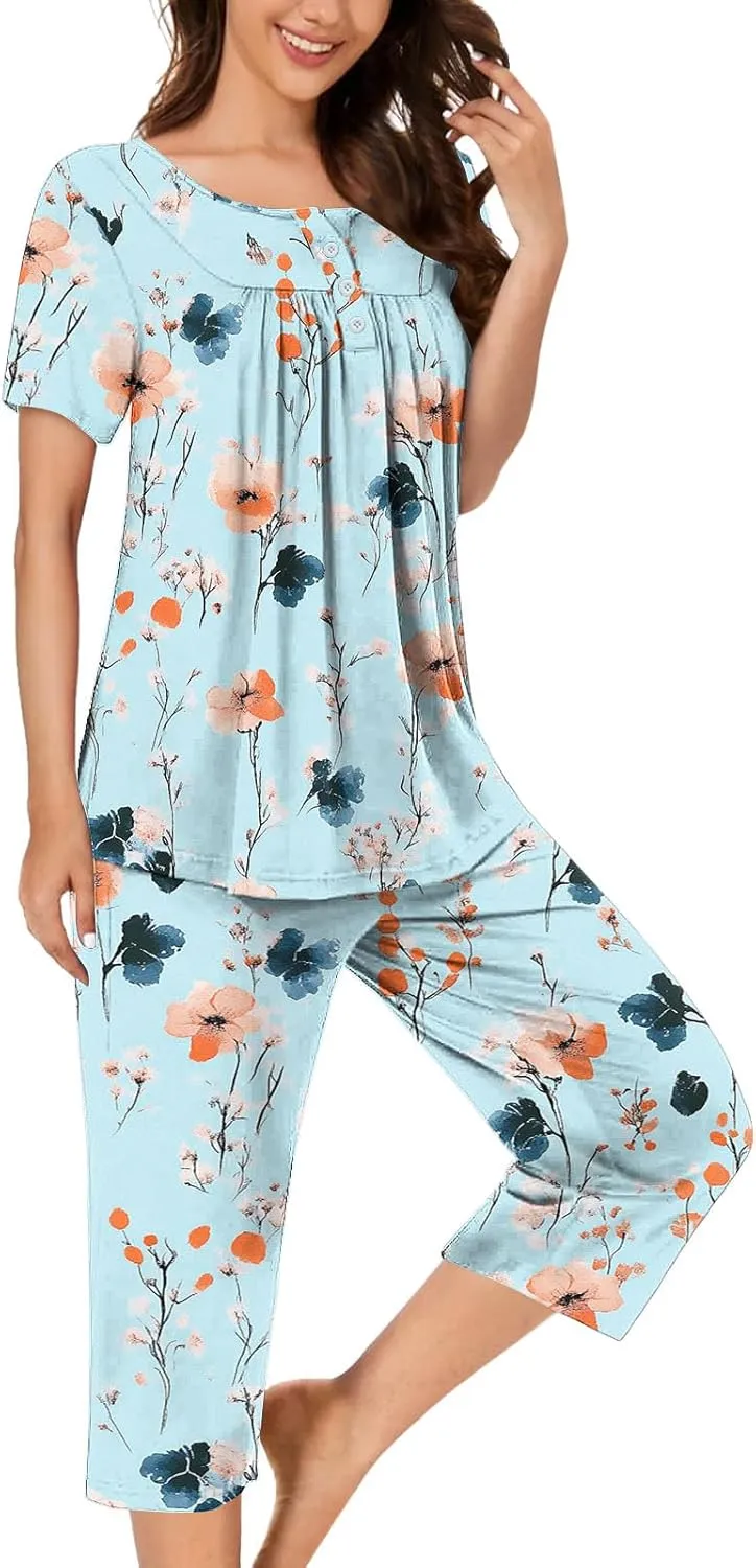 Women's Pajamas Set Short Sleeve Tops With Capri Pants Floral Print Pjs Lounge & Sleepwear Summer 2 Piece Lounge Set