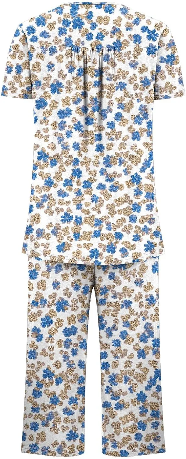 Women's Pajamas Set Short Sleeve Tops With Capri Pants Floral Print Pjs Lounge & Sleepwear Summer 2 Piece Lounge Set
